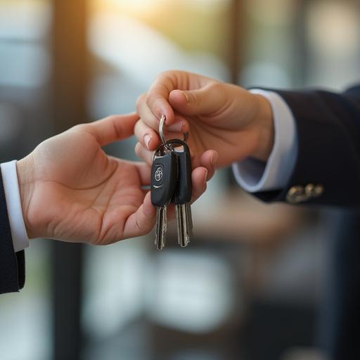 A customer handing over car keys for a trade-in evaluation